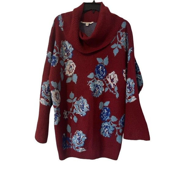 Pioneer Woman Burgundy Red & Blue Floral Print Cowl Neck Sweater Womens XL - Picture 1 of 9
